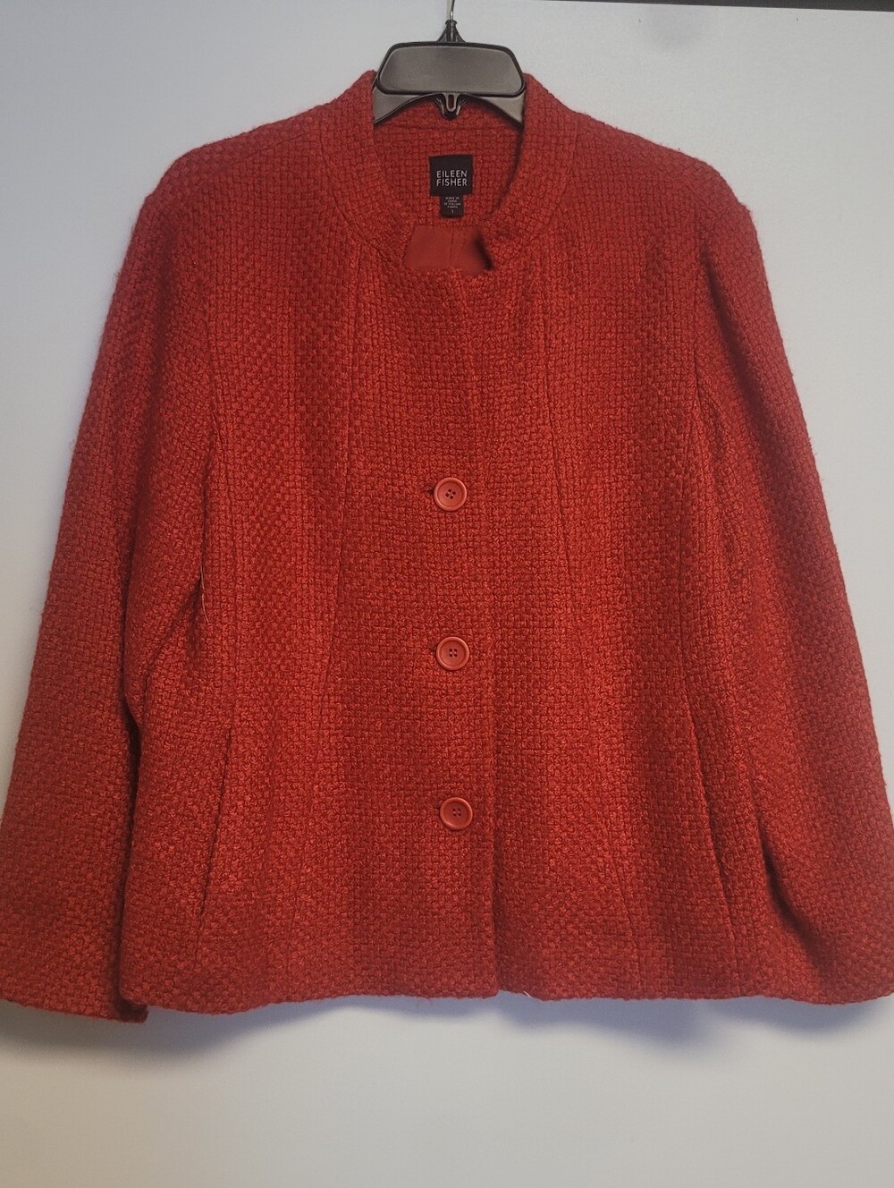 EILEEN FISHER Red Bouclé Knit Wool Blend Stand Collar Jacket Coat Large